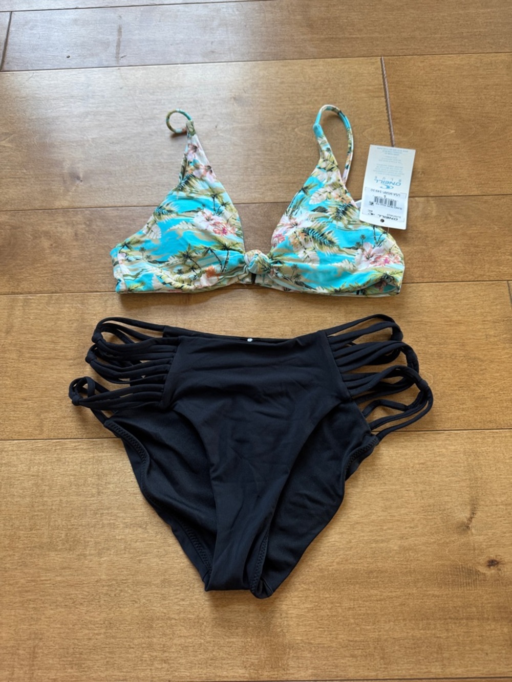 O'Neill Tropical Print Triangle Bikini Top with Black Strappy High-Waist Bottom